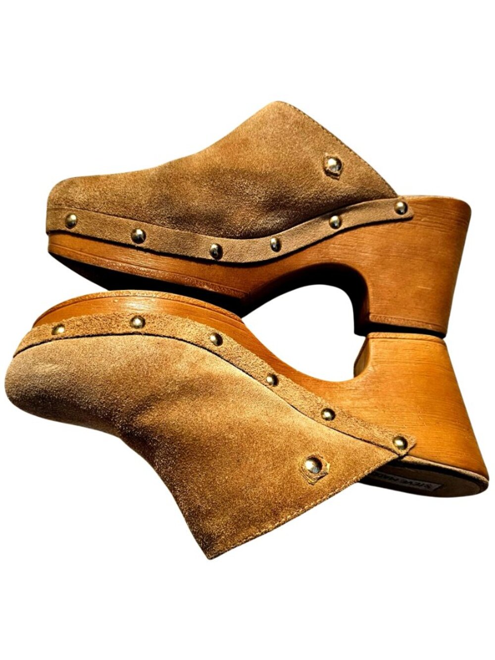 Steve Madden Tan Suede Clogs With Wooden Platform & Brass Studs - Picture 5 of 11